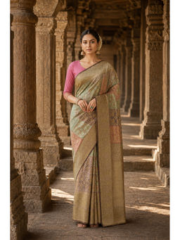 Anjaneya Sarees - Women's Brown Silk Blend Woven Saree with Unstitched Blouse