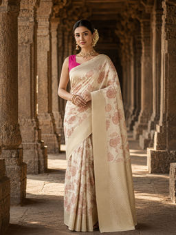 Anjaneya Sarees - Women's Off White Silk Blend Woven Saree with Unstitched Blouse