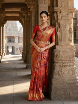 Anjaneya Sarees - Women's Red Silk Blend Woven Saree with Unstitched Blouse