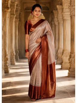 Anjaneya Sarees - Women's Beige Silk Blend Woven Saree with Unstitched Blouse
