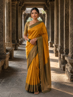 Anjaneya Sarees - Women's Yellow Silk Blend Woven Saree with Unstitched Blouse