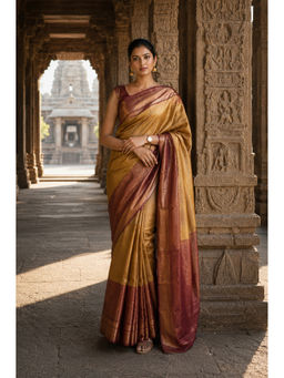 Anjaneya Sarees - Women's Mustard Silk Blend Woven Saree with Unstitched Blouse