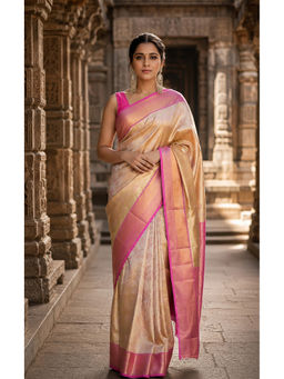 Anjaneya Sarees - Women's Beige Silk Blend Woven Saree with Unstitched Blouse