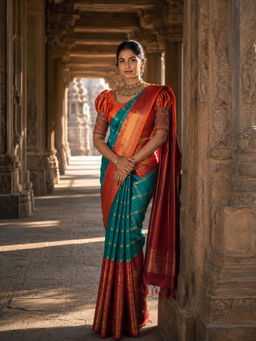 Anjaneya Sarees - Women's Green Silk Blend Woven Saree with Unstitched Blouse