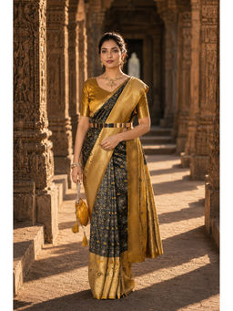 Anjaneya Sarees - Women's Black Silk Blend Woven Saree with Unstitched Blouse