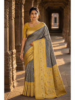 Anjaneya Sarees - Women's Grey Silk Blend Woven Saree with Unstitched Blouse