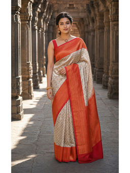 Anjaneya Sarees - Women's Beige Silk Blend Woven Saree with Unstitched Blouse
