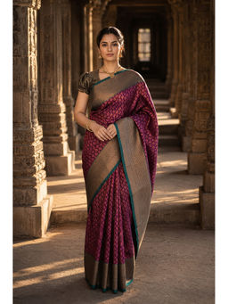 Anjaneya Sarees - Women's Wine Silk Blend Woven Saree with Unstitched Blouse