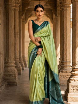 Anjaneya Sarees - Women's Green Silk Blend Woven Saree with Unstitched Blouse