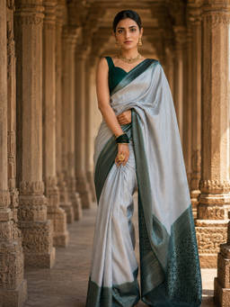 Anjaneya Sarees - Women's Grey Silk Blend Woven Saree with Unstitched Blouse