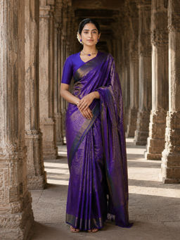 Anjaneya Sarees - Women's Purple Silk Blend Woven Saree with Unstitched Blouse