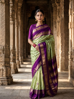 Anjaneya Sarees - Women's Green Silk Blend Woven Saree with Unstitched Blouse