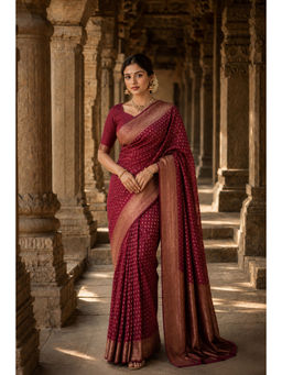 Anjaneya Sarees - Women's Maroon Silk Blend Woven Saree with Unstitched Blouse