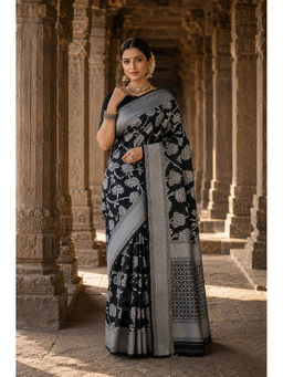 Anjaneya Sarees - Women's Black Silk Blend Woven Saree with Unstitched Blouse