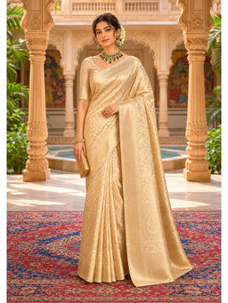 Anjaneya Sarees - Women's Gold Silk Blend Woven Saree with Unstitched Blouse