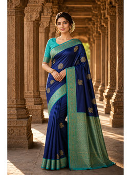 Anjaneya Sarees - Women's Blue Silk Blend Woven Saree with Unstitched Blouse