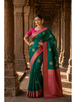 Anjaneya Sarees - Women's Green Silk Blend Woven Saree with Unstitched Blouse
