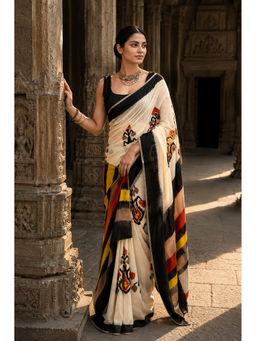 Anjaneya Sarees - Women's Beige Linen Blend Floral Saree with Unstitched Blouse