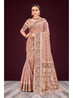Sangam Prints - Women's Pink Cotton Woven Saree with Unstitched Blouse
