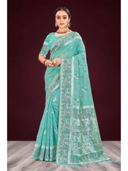 Sangam Prints - Women's Turquoise Cotton Woven Saree with Unstitched Blouse