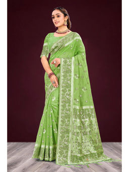 Sangam Prints - Women's Green Cotton Woven Saree with Unstitched Blouse