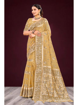 Sangam Prints - Women's Gold Cotton Woven Saree with Unstitched Blouse