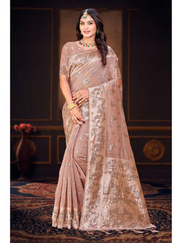 Sangam Prints - Women's Pink Cotton Woven Saree with Unstitched Blouse