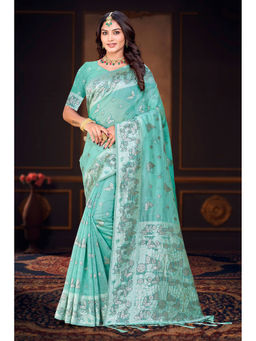 Sangam Prints - Women's Turquoise Cotton Woven Saree with Unstitched Blouse