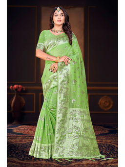 Sangam Prints - Women's Green Cotton Woven Saree with Unstitched Blouse