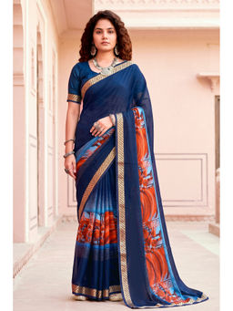 Sangam Prints - Women's Navy Blue Cotton Printed Saree with Unstitched Blouse