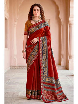 Sangam Prints - Women's Maroon Cotton Printed Saree with Unstitched Blouse