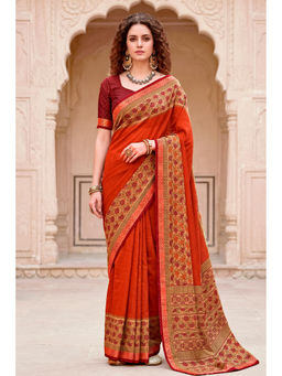 Sangam Prints - Women's Orange Cotton Printed Saree with Unstitched Blouse