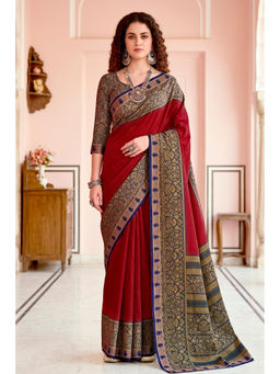Sangam Prints - Women's Maroon Cotton Printed Saree with Unstitched Blouse