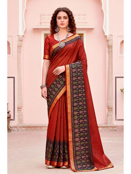 Sangam Prints - Women's Rust Cotton Printed Saree with Unstitched Blouse
