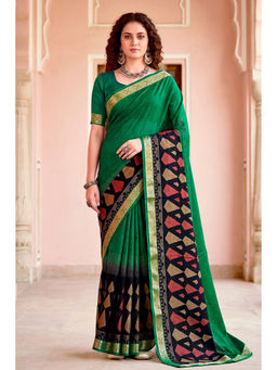 Sangam Prints - Women's Green Cotton Printed Saree with Unstitched Blouse