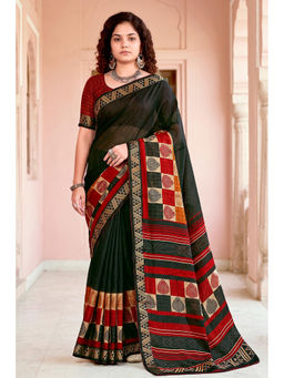 Sangam Prints - Women's Green Cotton Printed Saree with Unstitched Blouse