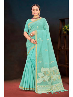 Sangam Prints - Women's Aqua Cotton Woven Saree with Unstitched Blouse