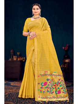 Sangam Prints - Women's Mustard Cotton Woven Saree with Unstitched Blouse