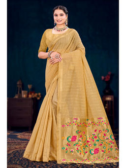 Sangam Prints - Women's Beige Cotton Woven Saree with Unstitched Blouse