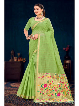 Sangam Prints - Women's Green Cotton Woven Saree with Unstitched Blouse