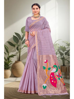 Sangam Prints - Women's Lavender Cotton Woven Saree with Unstitched Blouse