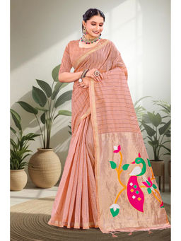 Sangam Prints - Women's Peach Cotton Woven Saree with Unstitched Blouse
