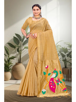 Sangam Prints - Women's Gold Cotton Woven Saree with Unstitched Blouse