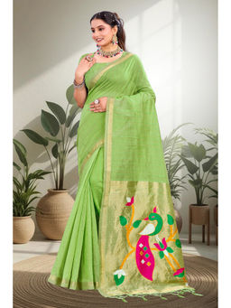 Sangam Prints - Women's Green Cotton Woven Saree with Unstitched Blouse