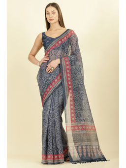 MEENA BAZAAR - Women's Navy Blue Cotton Printed Saree Without Blouse Piece