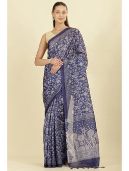 MEENA BAZAAR - Women's Blue Cotton Printed Saree Without Blouse Piece