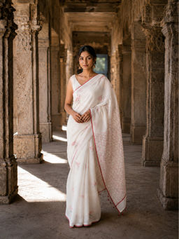 Anjaneya Sarees - Women's White Linen Blend Printed Saree with Unstitched Blouse