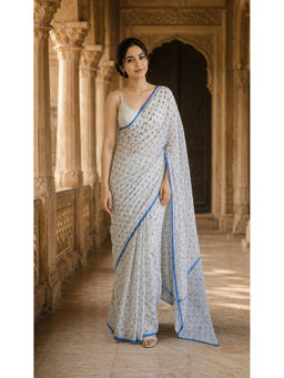 Anjaneya Sarees - Women's White Linen Blend Printed Saree with Unstitched Blouse