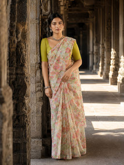 Anjaneya Sarees - Women's Green Linen Blend Printed Saree with Unstitched Blouse