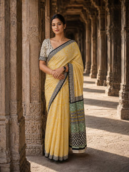 Anjaneya Sarees - Women's Yellow Linen Blend Printed Saree with Unstitched Blouse